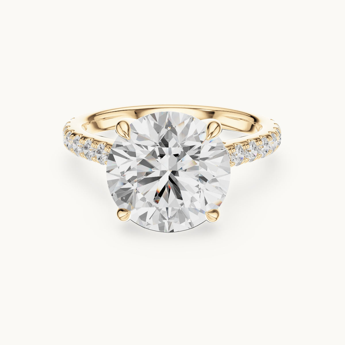 Round lab-grown diamond hidden halo pavé engagement ring in yellow gold, 4.576 CT TW, view 4