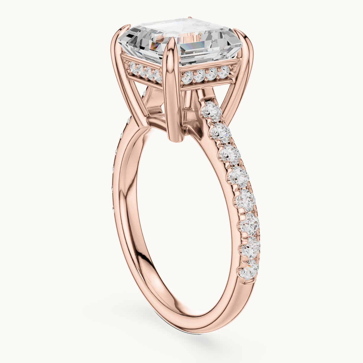 Square emerald-cut and round lab-grown diamond hidden halo pavé engagement ring in rose gold, 4.356 CT TW, view 1