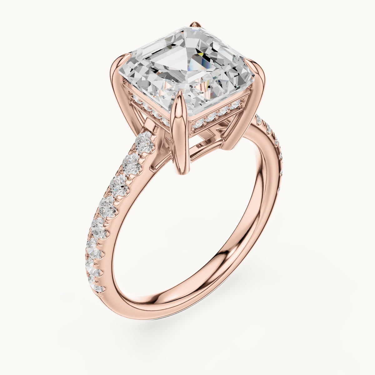 Square emerald-cut and round lab-grown diamond hidden halo pavé engagement ring in rose gold, 4.356 CT TW, view 2
