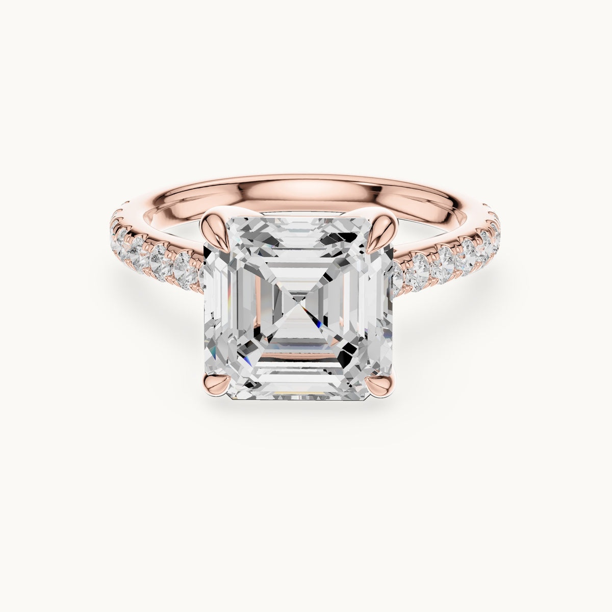 Square emerald-cut and round lab-grown diamond hidden halo pavé engagement ring in rose gold, 4.356 CT TW, view 4