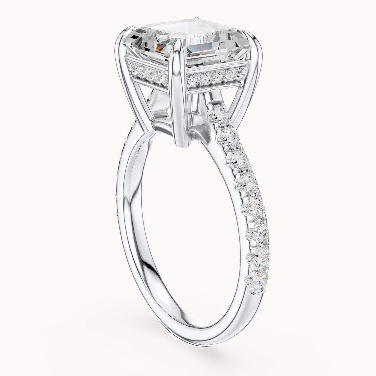 Square emerald-cut and round lab-grown diamond hidden halo pavé engagement ring in white gold, 4.356 CT TW, view 1