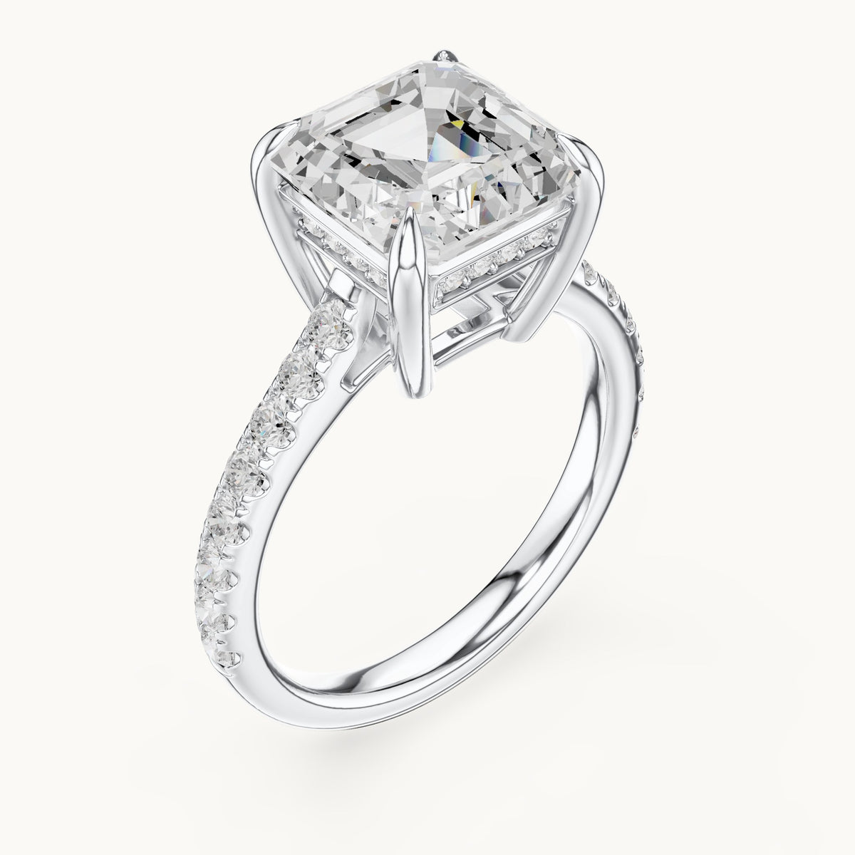 Square emerald-cut and round lab-grown diamond hidden halo pavé engagement ring in white gold, 4.356 CT TW, view 2