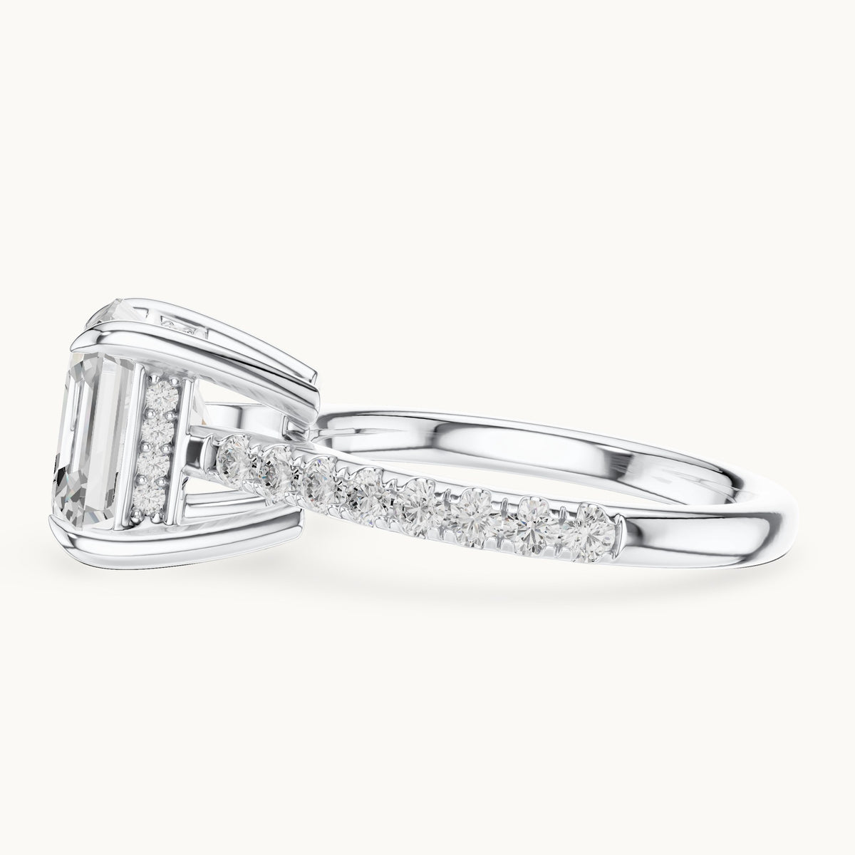 Square emerald-cut and round lab-grown diamond hidden halo pavé engagement ring in white gold, 4.356 CT TW, view 3