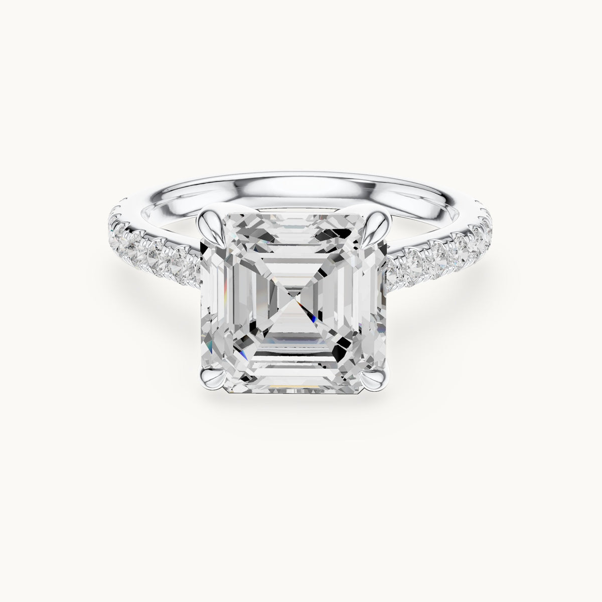 Square emerald-cut and round lab-grown diamond hidden halo pavé engagement ring in white gold, 4.356 CT TW, view 4