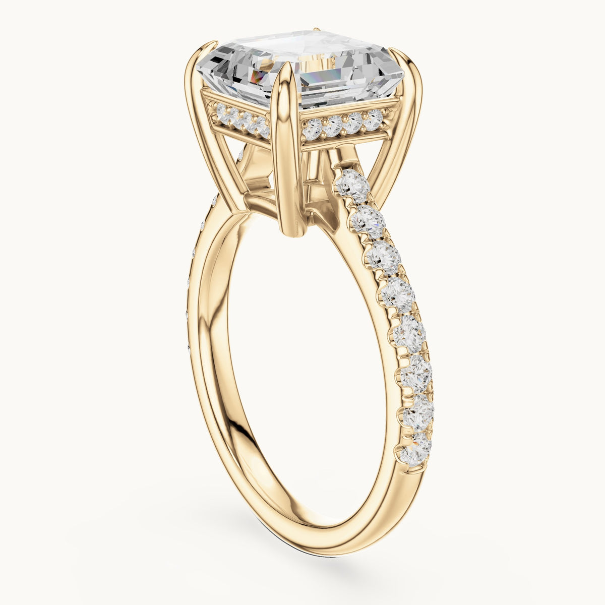 Square emerald-cut and round lab-grown diamond hidden halo pavé engagement ring in yellow gold, 4.356 CT TW, view 1