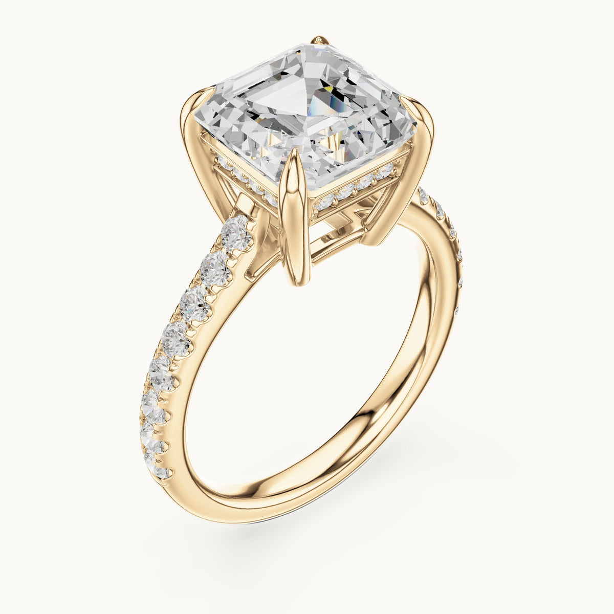Square emerald-cut and round lab-grown diamond hidden halo pavé engagement ring in yellow gold, 4.356 CT TW, view 2