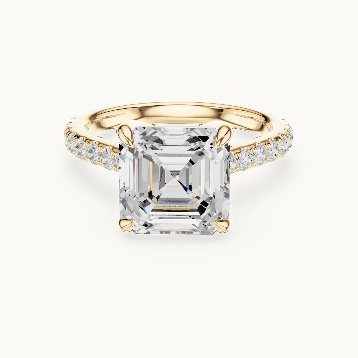 Square emerald-cut and round lab-grown diamond hidden halo pavé engagement ring in yellow gold, 4.356 CT TW, view 4