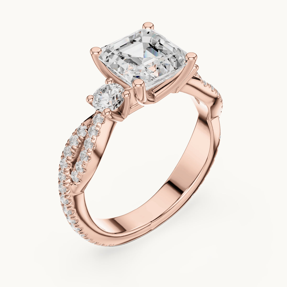 Square emerald-cut and round lab-grown diamond twisted pavé engagement ring with side stones in rose gold, 2.558 CT TW, view 2