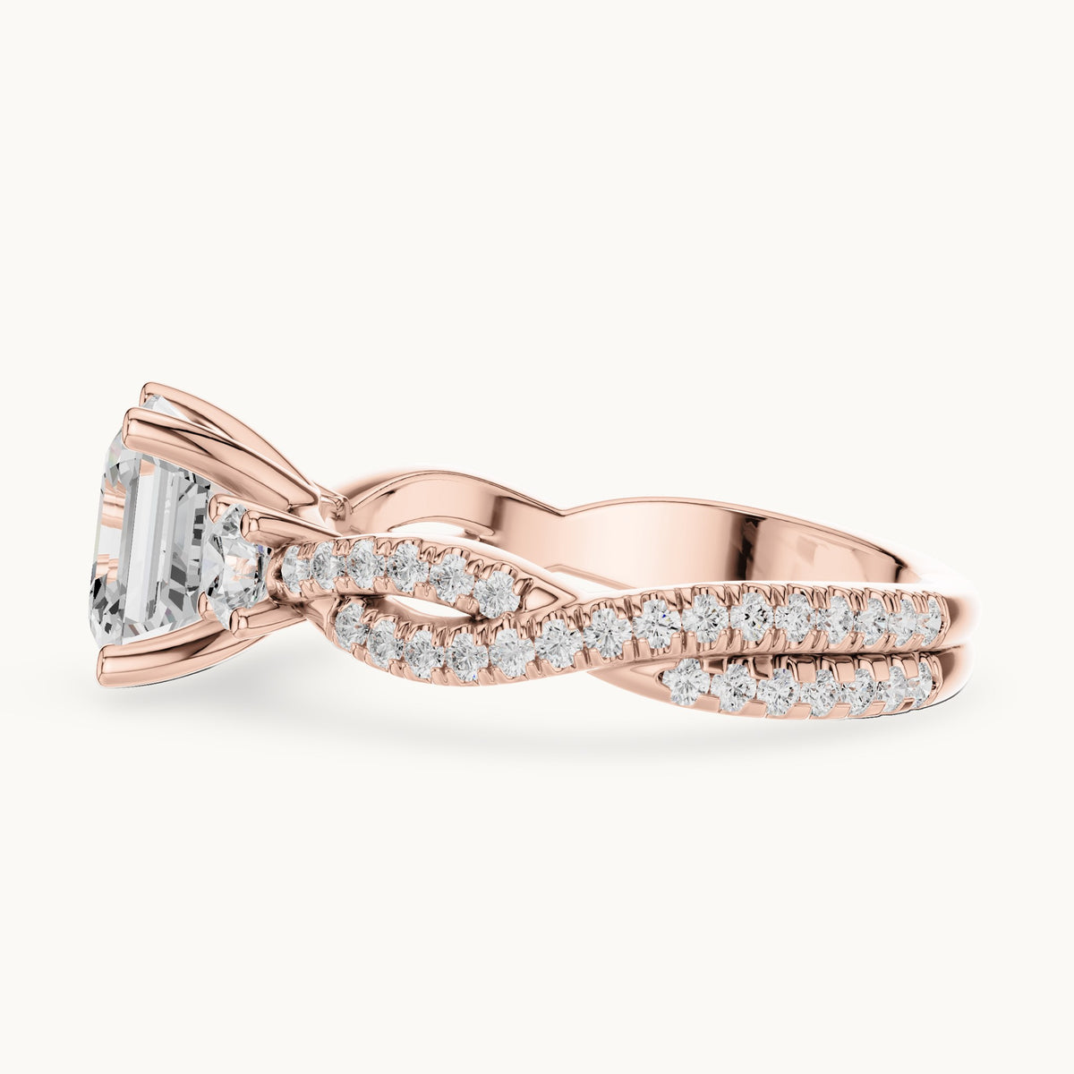 Square emerald-cut and round lab-grown diamond twisted pavé engagement ring with side stones in rose gold, 2.558 CT TW, view 3