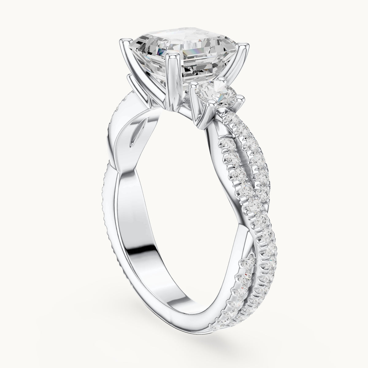 Square emerald-cut and round lab-grown diamond twisted pavé engagement ring with side stones in white gold, 2.558 CT TW, view 1