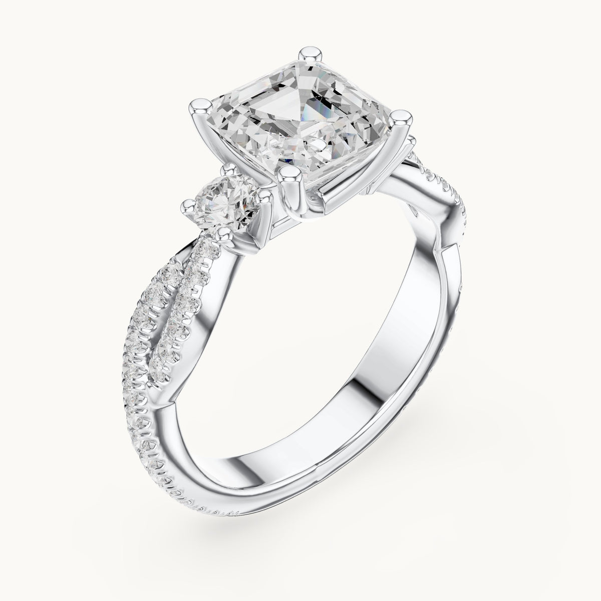 Square emerald-cut and round lab-grown diamond twisted pavé engagement ring with side stones in white gold, 2.558 CT TW, view 2