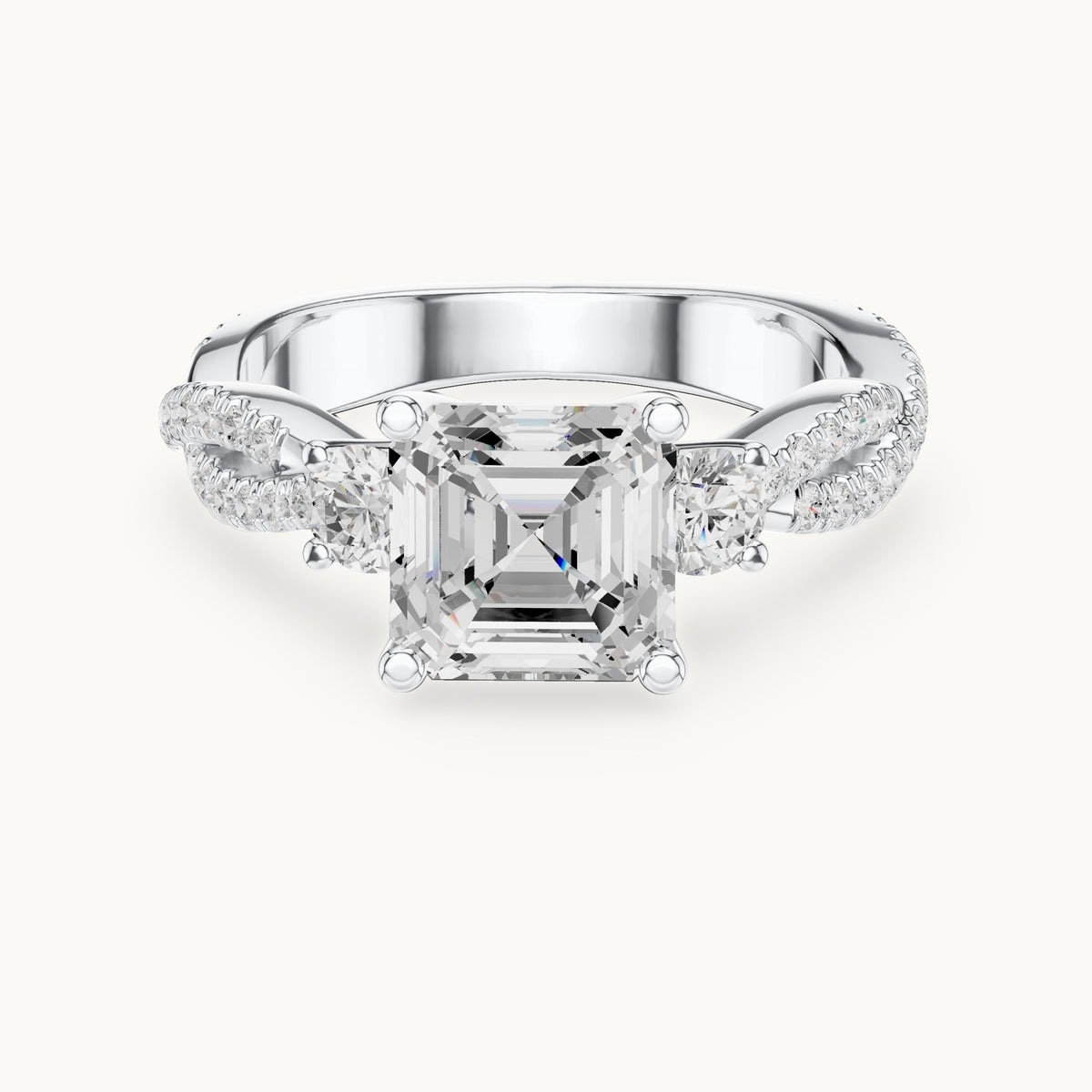 Square emerald-cut and round lab-grown diamond twisted pavé engagement ring with side stones in white gold, 2.558 CT TW, view 4
