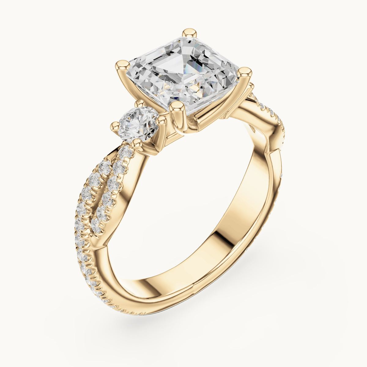 Square emerald-cut and round lab-grown diamond twisted pavé engagement ring with side stones in yellow gold, 2.558 CT TW, view 2