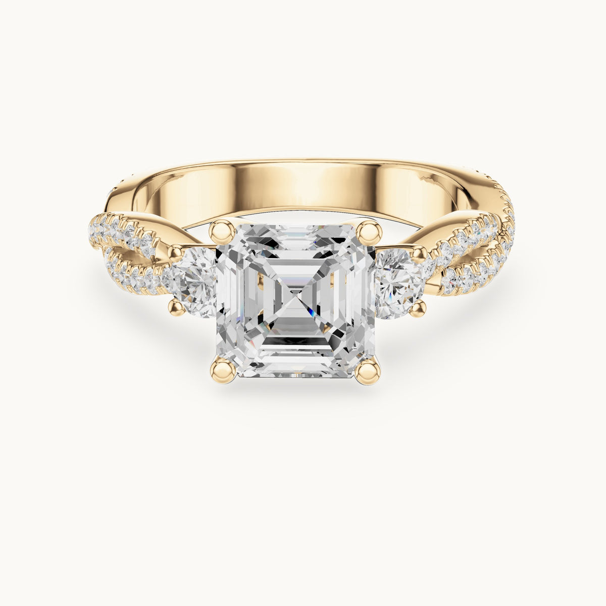 Square emerald-cut and round lab-grown diamond twisted pavé engagement ring with side stones in yellow gold, 2.558 CT TW, view 4