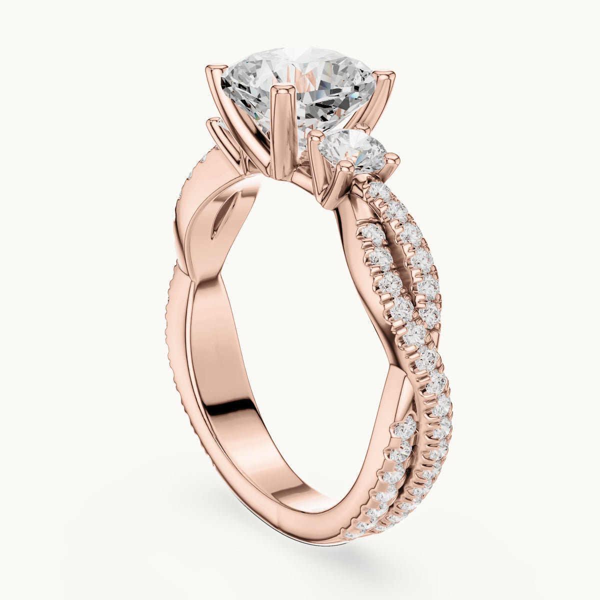 Cushion-cut and round lab-grown diamond twisted pavé engagement ring with side stones in rose gold, 2.558 CT TW, view 1