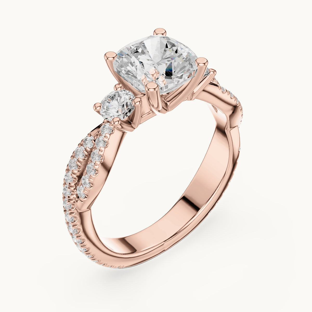 Cushion-cut and round lab-grown diamond twisted pavé engagement ring with side stones in rose gold, 2.558 CT TW, view 2
