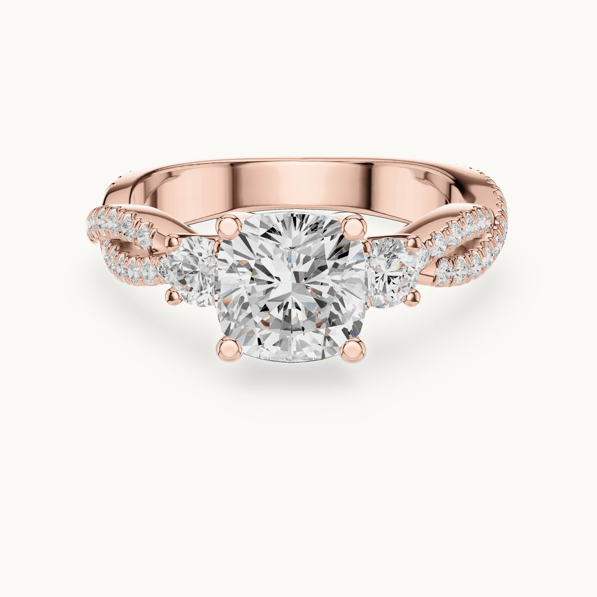 Cushion-cut and round lab-grown diamond twisted pavé engagement ring with side stones in rose gold, 2.558 CT TW, view 4