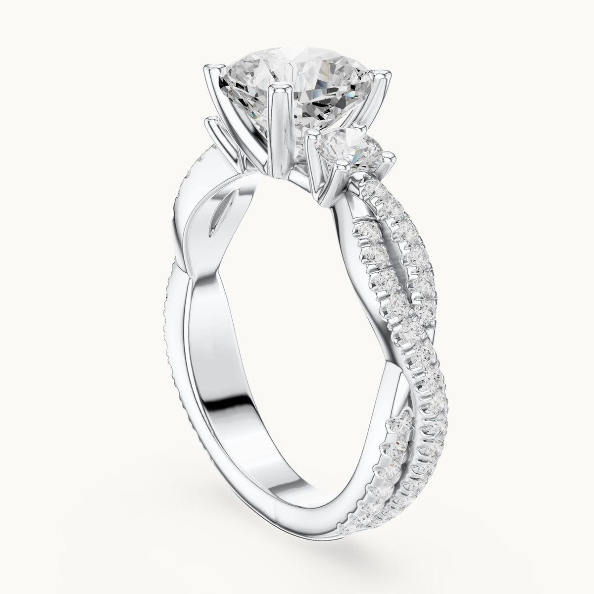 Cushion-cut and round lab-grown diamond twisted pavé engagement ring with side stones in white gold, 2.558 CT TW, view 1