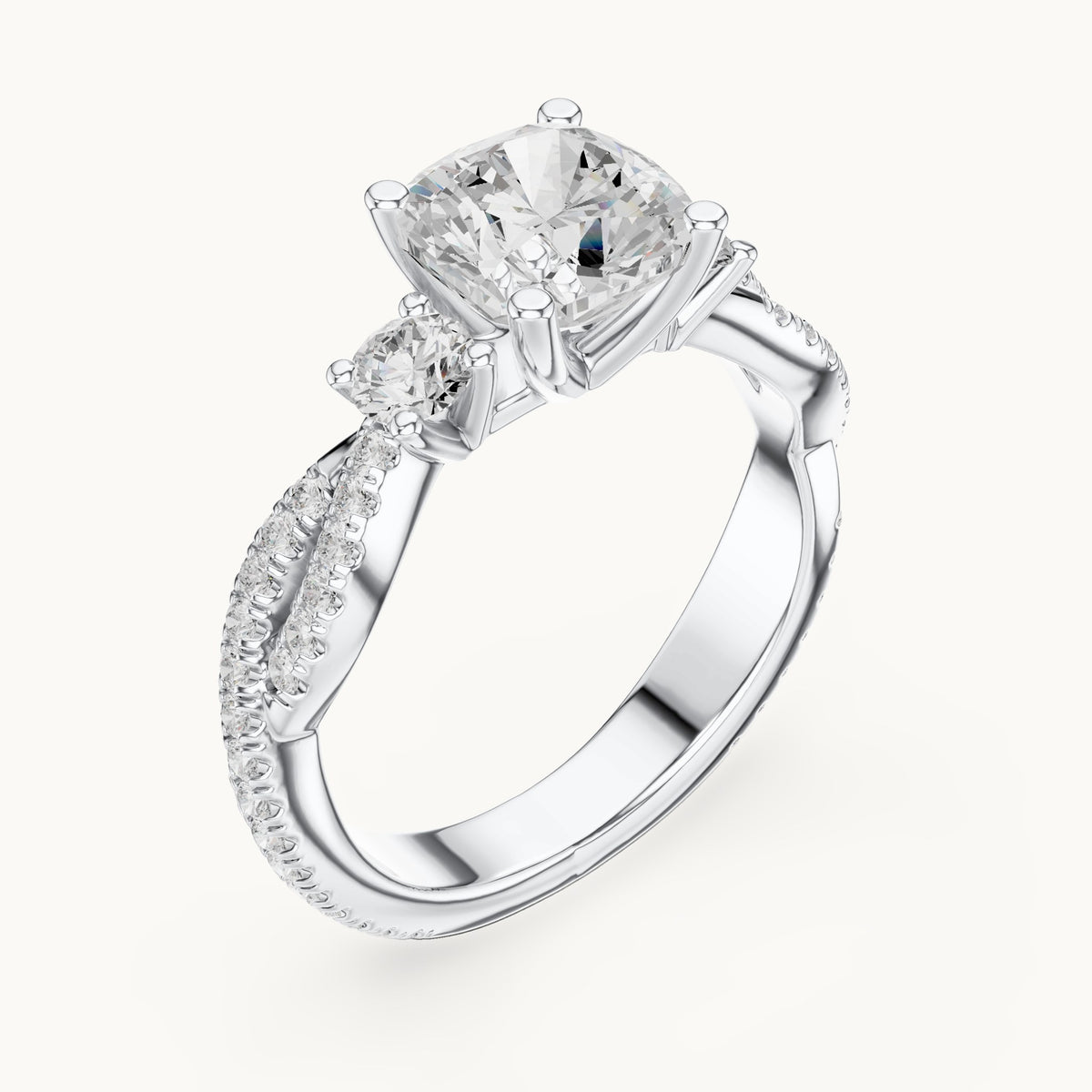 Cushion-cut and round lab-grown diamond twisted pavé engagement ring with side stones in white gold, 2.558 CT TW, view 2