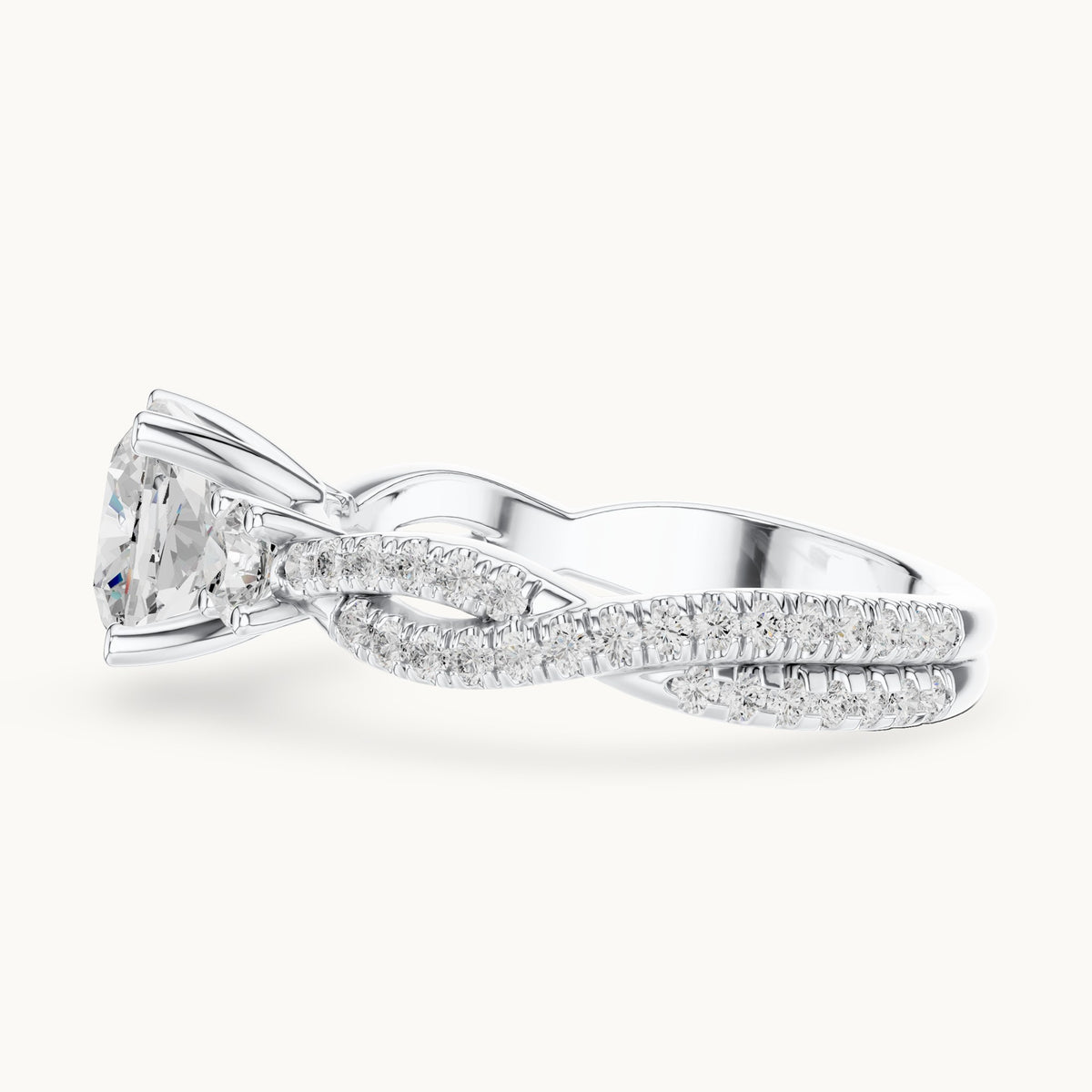 Cushion-cut and round lab-grown diamond twisted pavé engagement ring with side stones in white gold, 2.558 CT TW, view 3