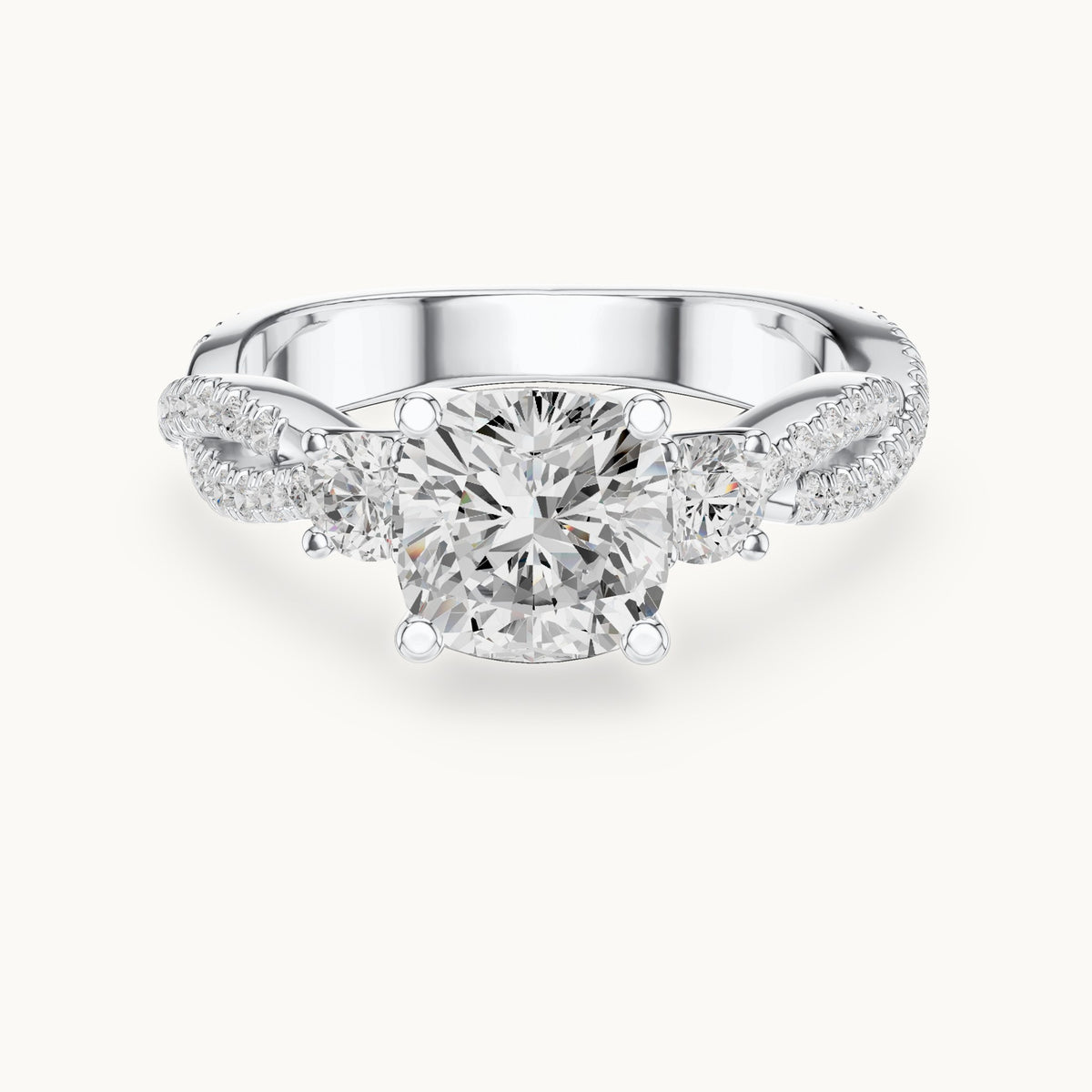Cushion-cut and round lab-grown diamond twisted pavé engagement ring with side stones in white gold, 2.558 CT TW, view 4