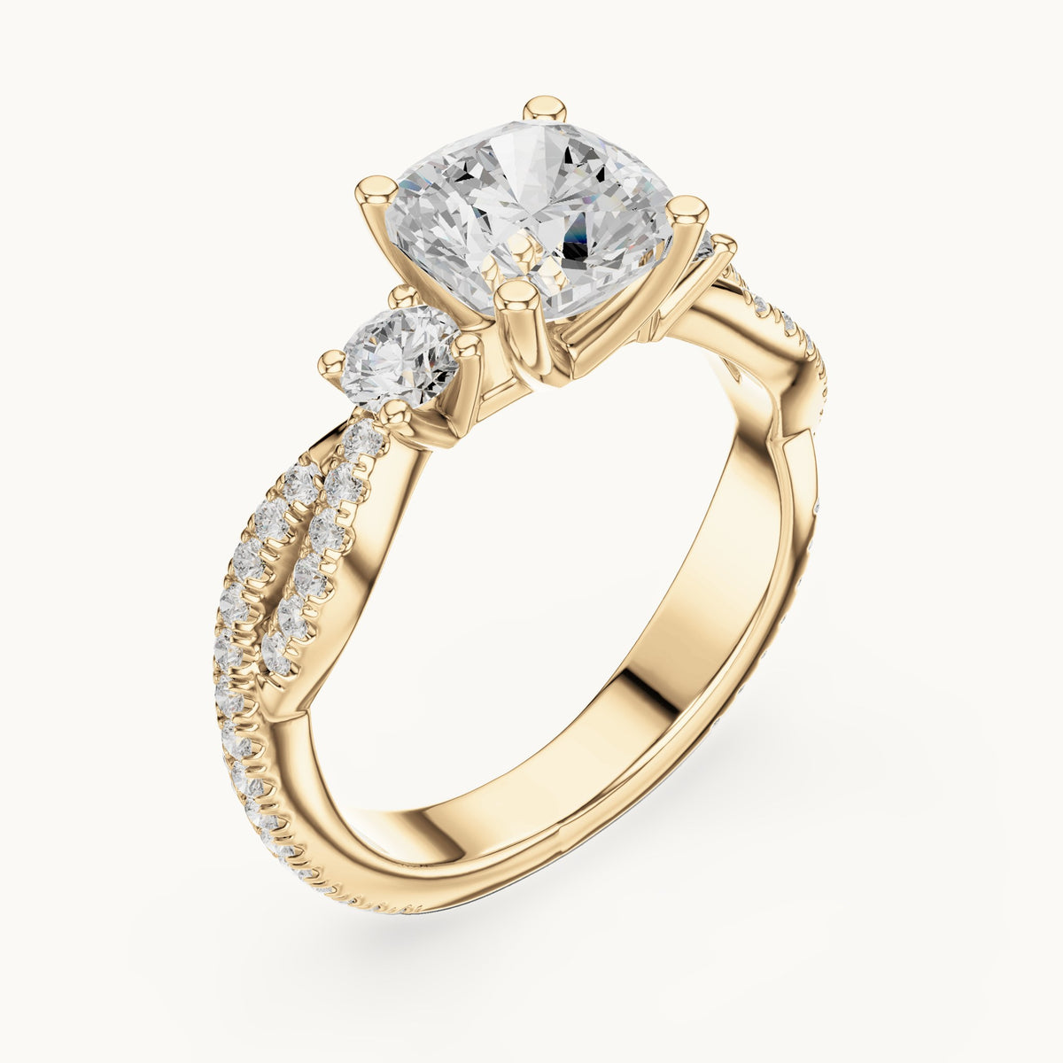Cushion-cut and round lab-grown diamond twisted pavé engagement ring with side stones in yellow gold, 2.558 CT TW, view 2
