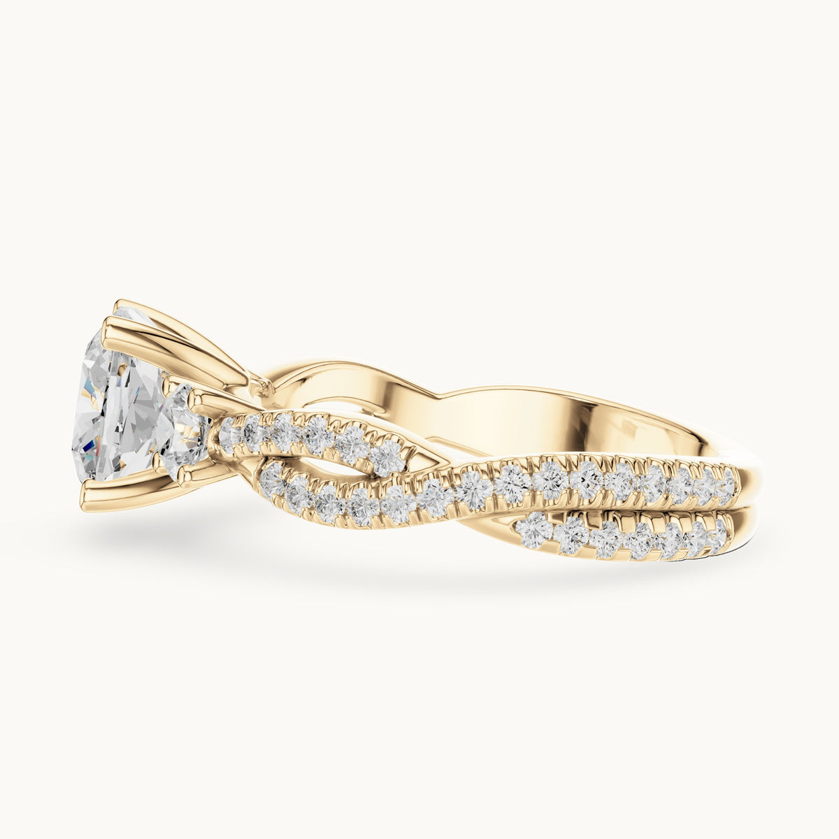 Cushion-cut and round lab-grown diamond twisted pavé engagement ring with side stones in yellow gold, 2.558 CT TW, view 3