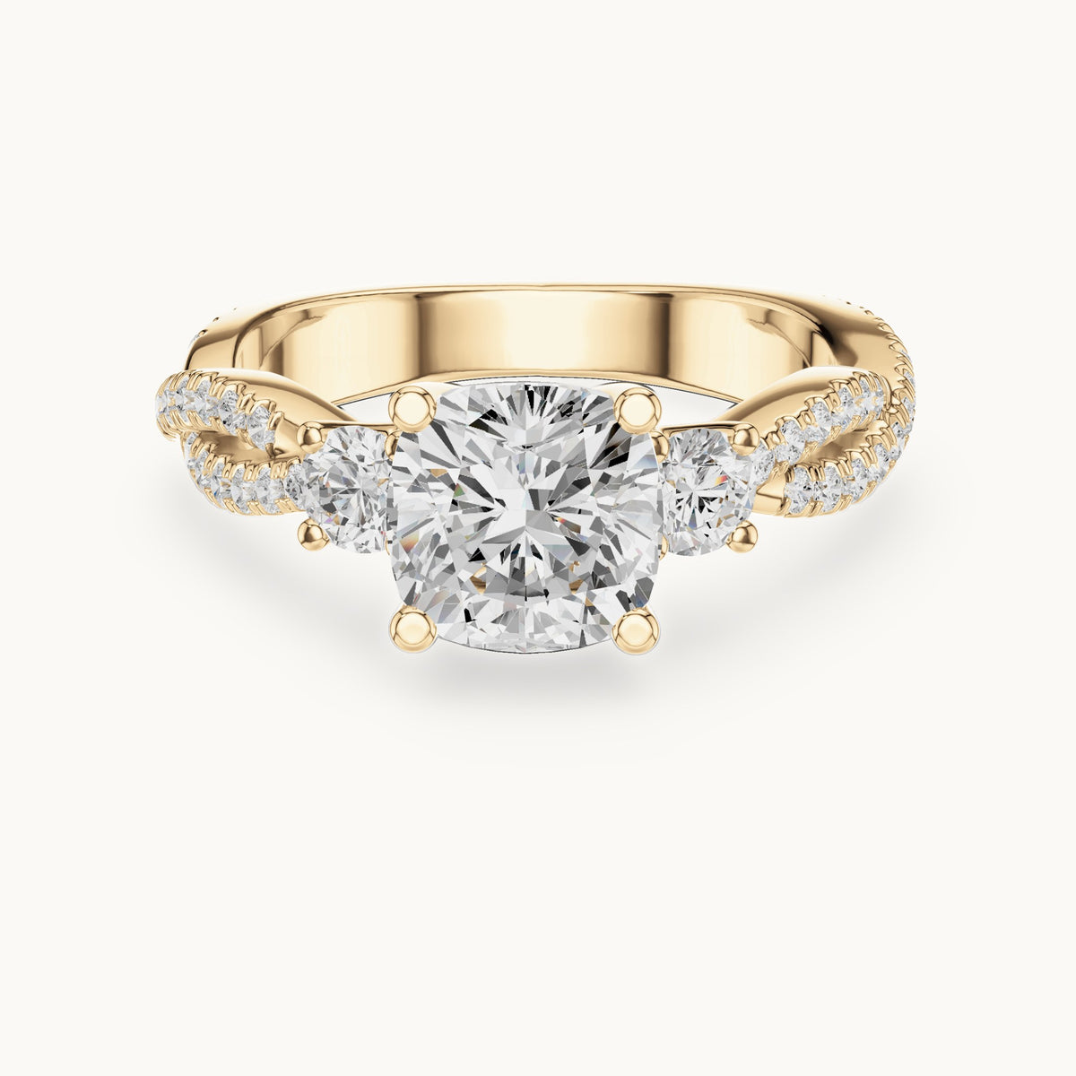 Cushion-cut and round lab-grown diamond twisted pavé engagement ring with side stones in yellow gold, 2.558 CT TW, view 4
