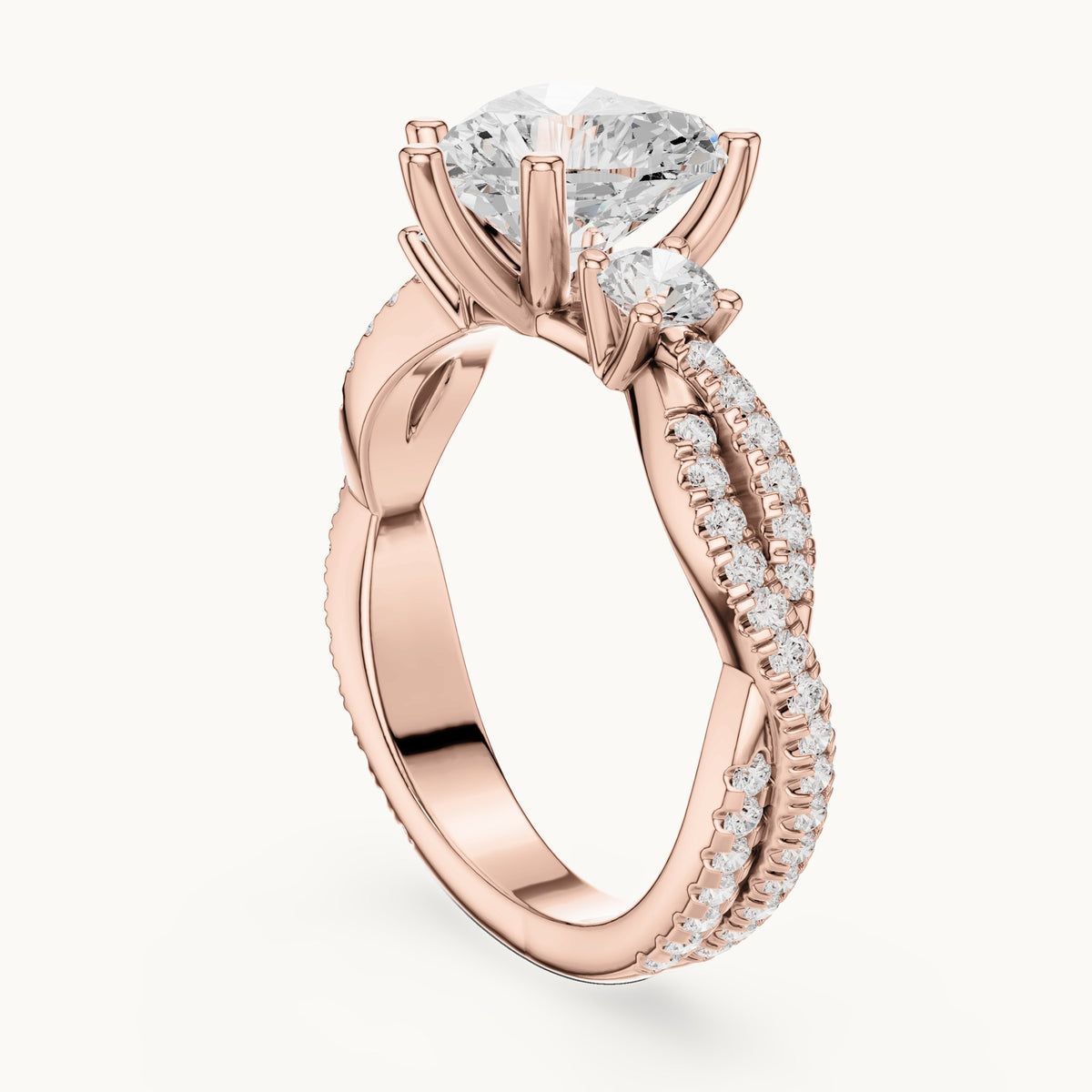 Heart and round lab-grown diamond twisted pavé engagement ring with side stones in rose gold, 2.578 CT TW, view 1