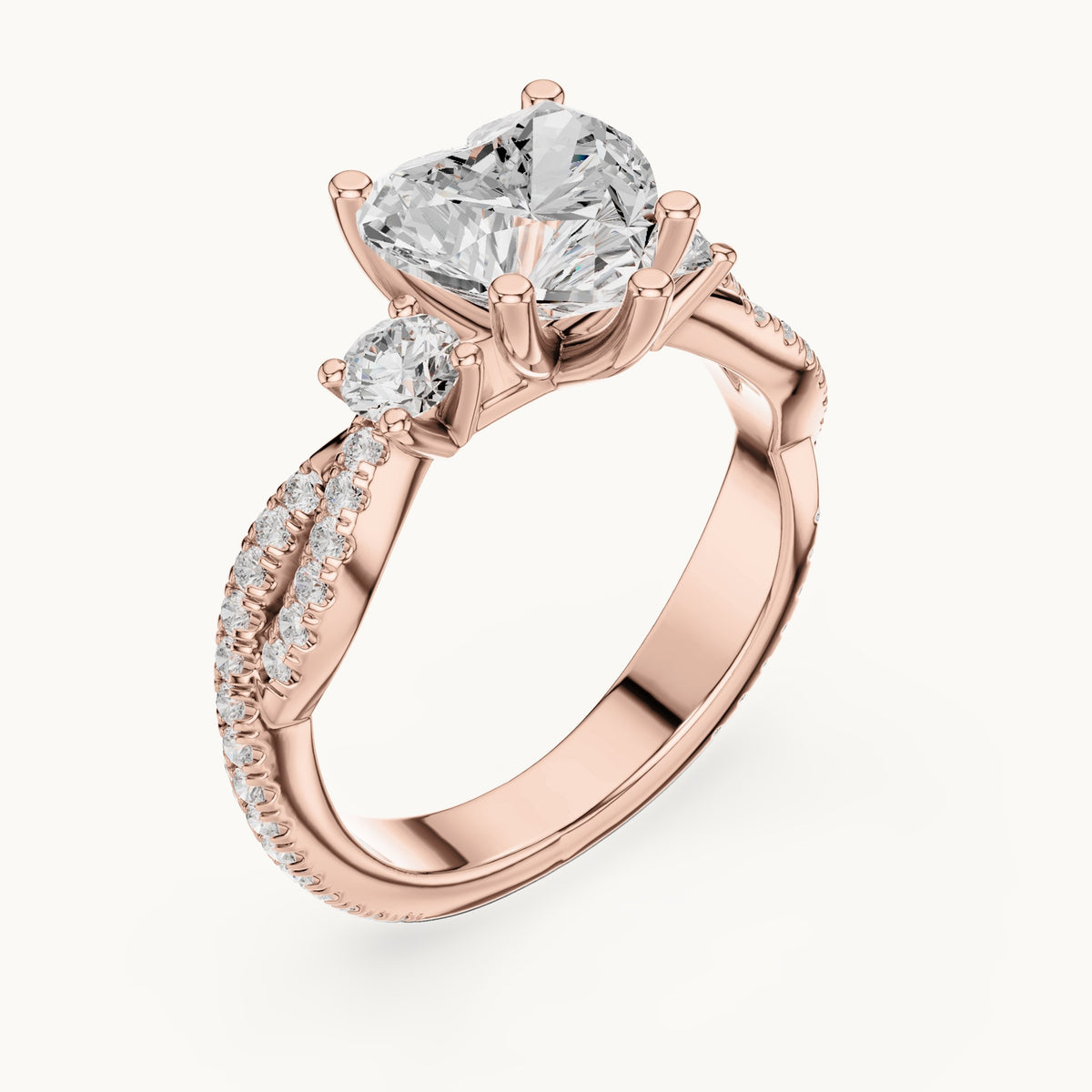 Heart and round lab-grown diamond twisted pavé engagement ring with side stones in rose gold, 2.578 CT TW, view 2