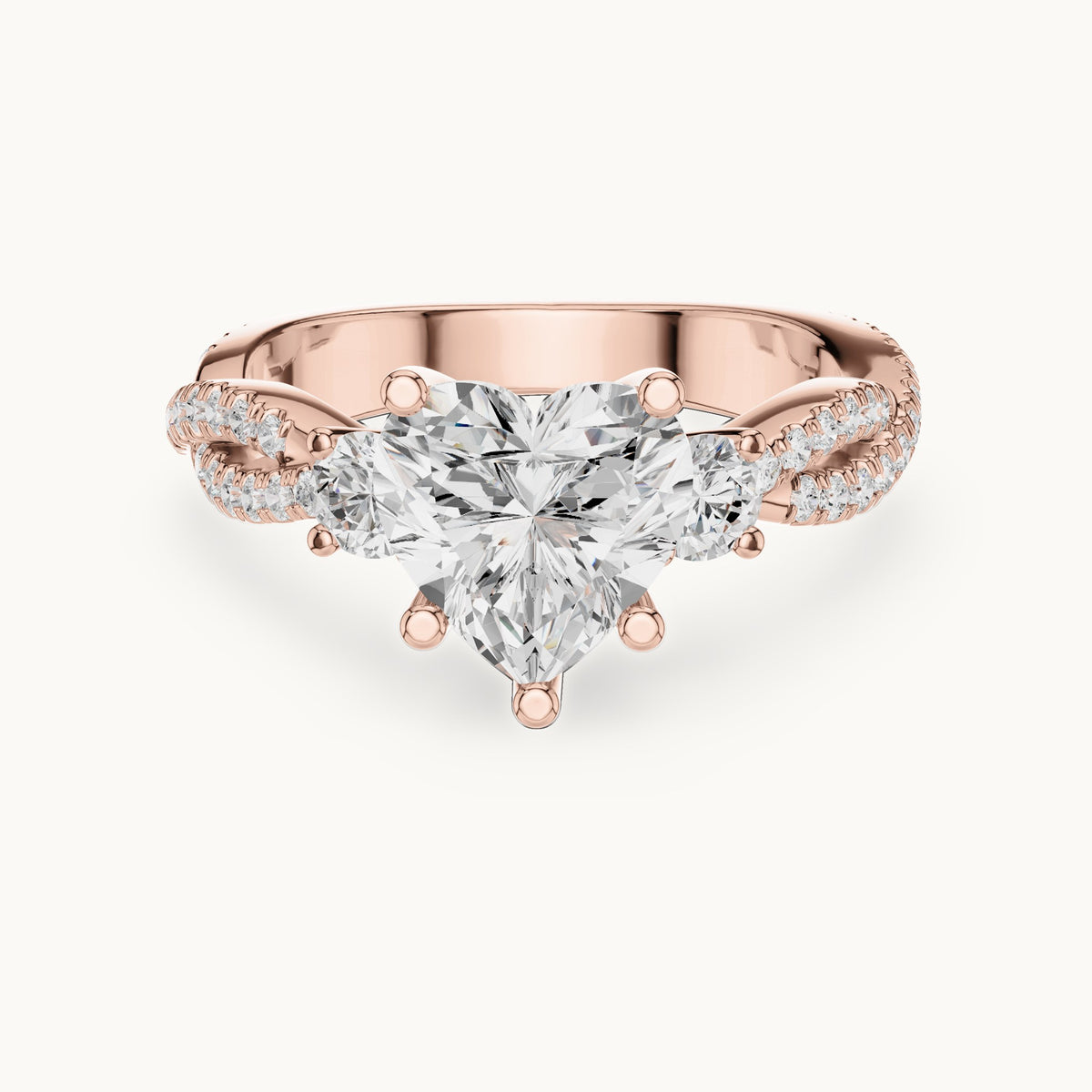 Heart and round lab-grown diamond twisted pavé engagement ring with side stones in rose gold, 2.578 CT TW, view 4