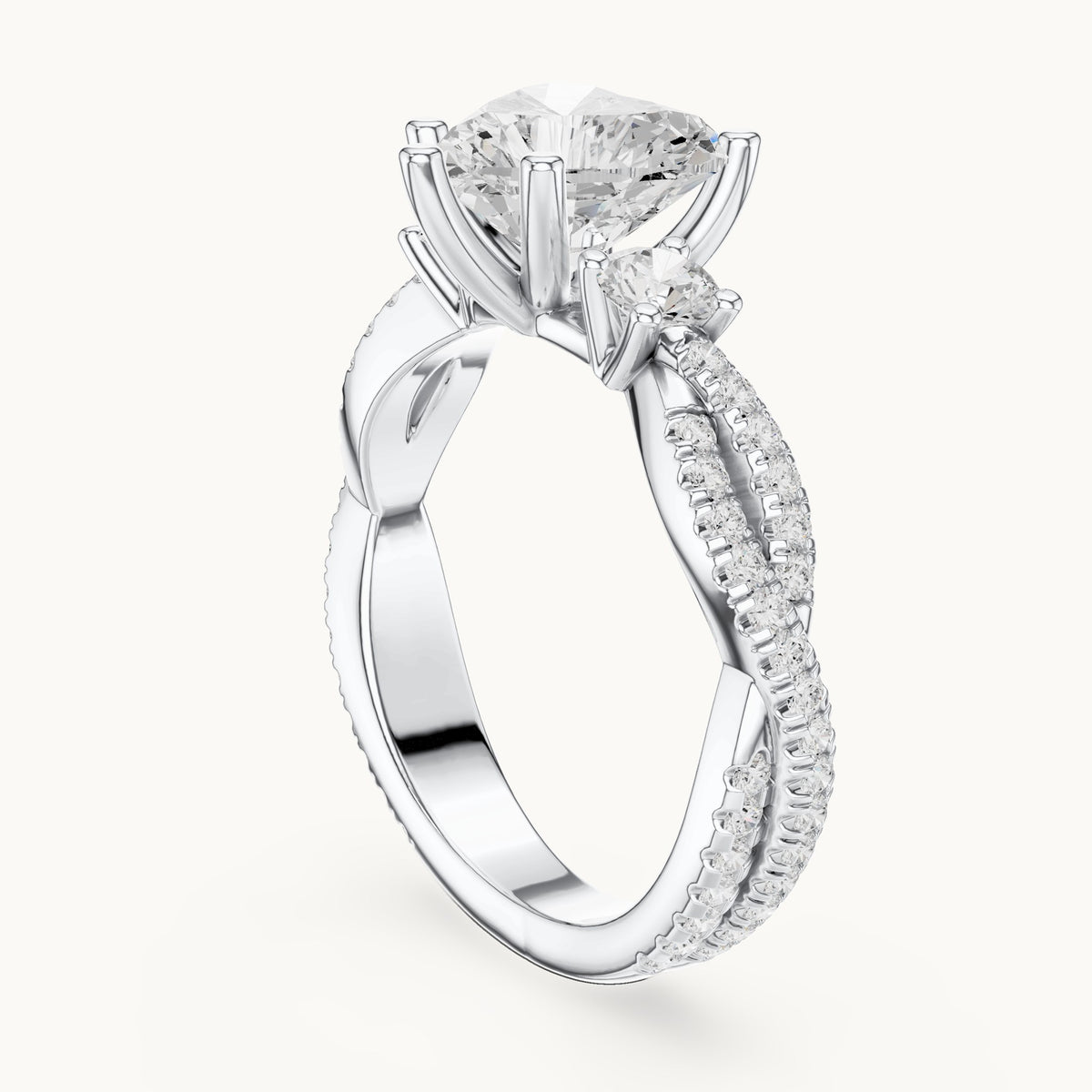 Heart and round lab-grown diamond twisted pavé engagement ring with side stones in white gold, 2.578 CT TW, view 1