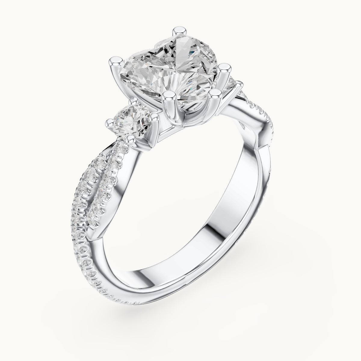 Heart and round lab-grown diamond twisted pavé engagement ring with side stones in white gold, 2.578 CT TW, view 2