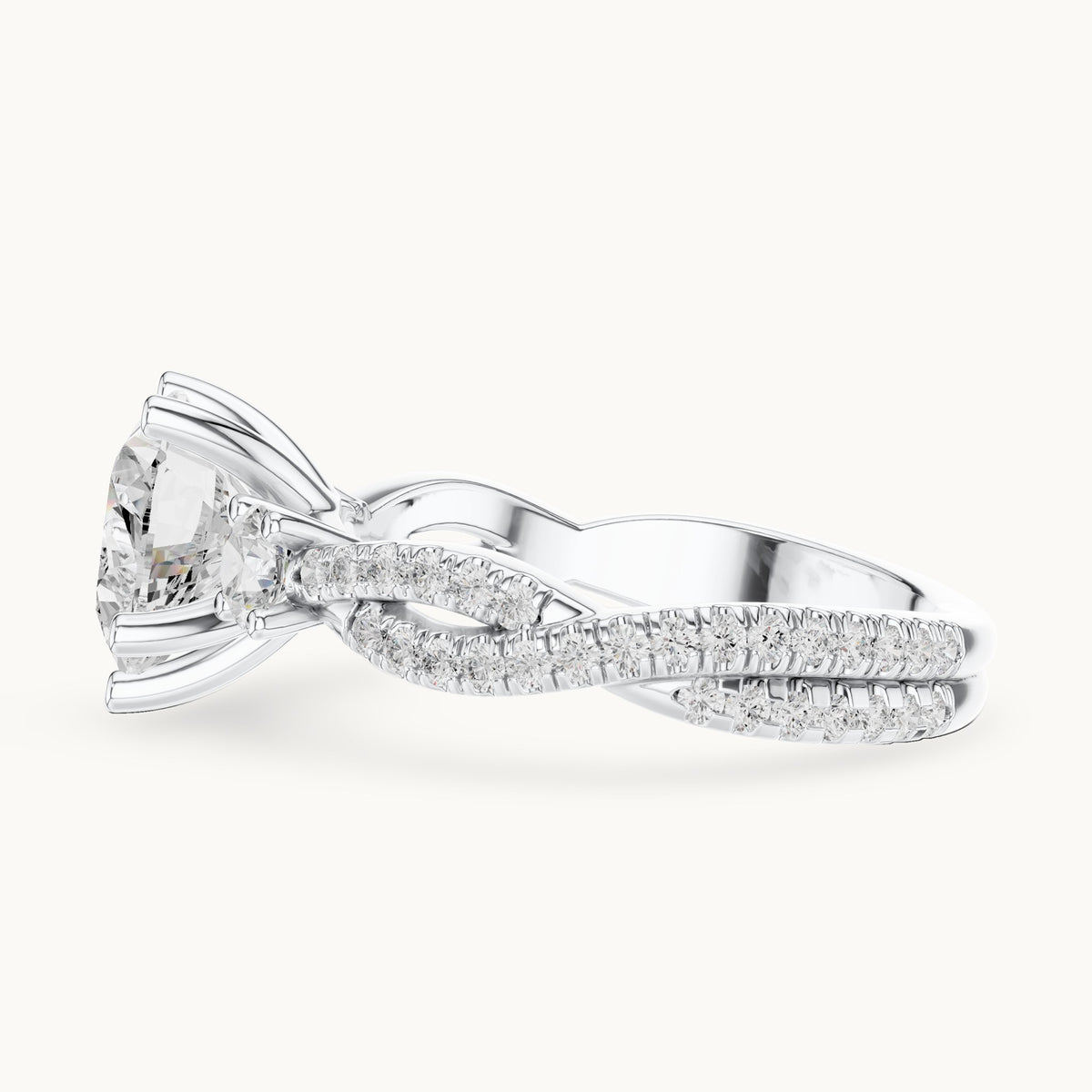 Heart and round lab-grown diamond twisted pavé engagement ring with side stones in white gold, 2.578 CT TW, view 3