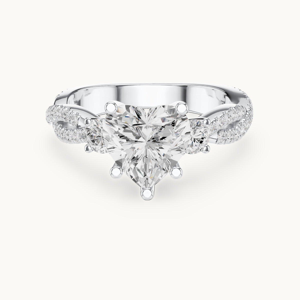 Heart and round lab-grown diamond twisted pavé engagement ring with side stones in white gold, 2.578 CT TW, view 4