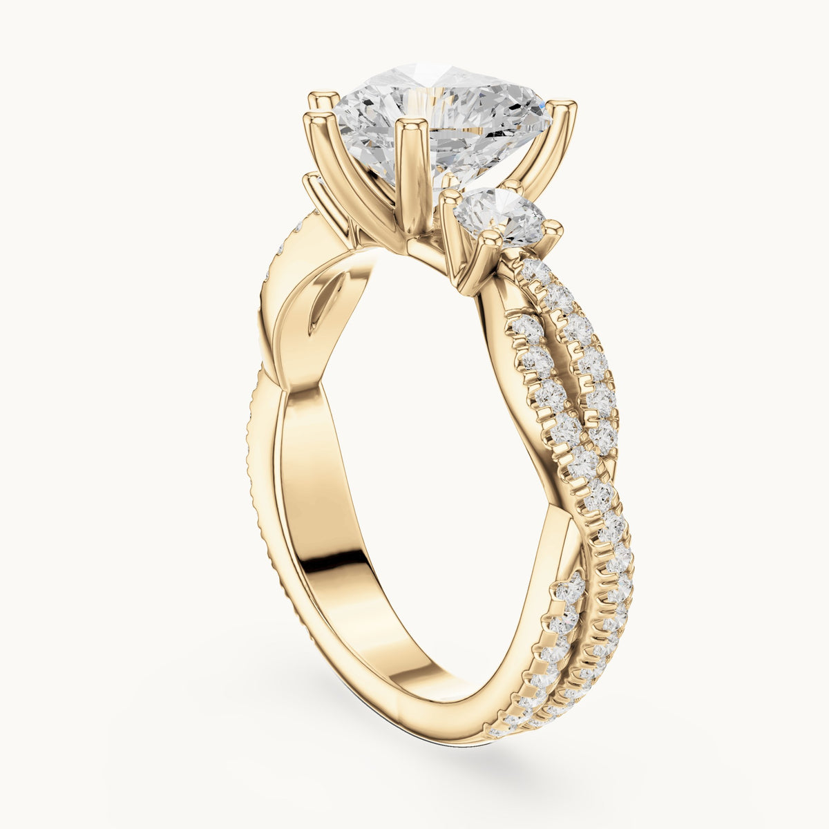 Heart and round lab-grown diamond twisted pavé engagement ring with side stones in yellow gold, 2.578 CT TW, view 1