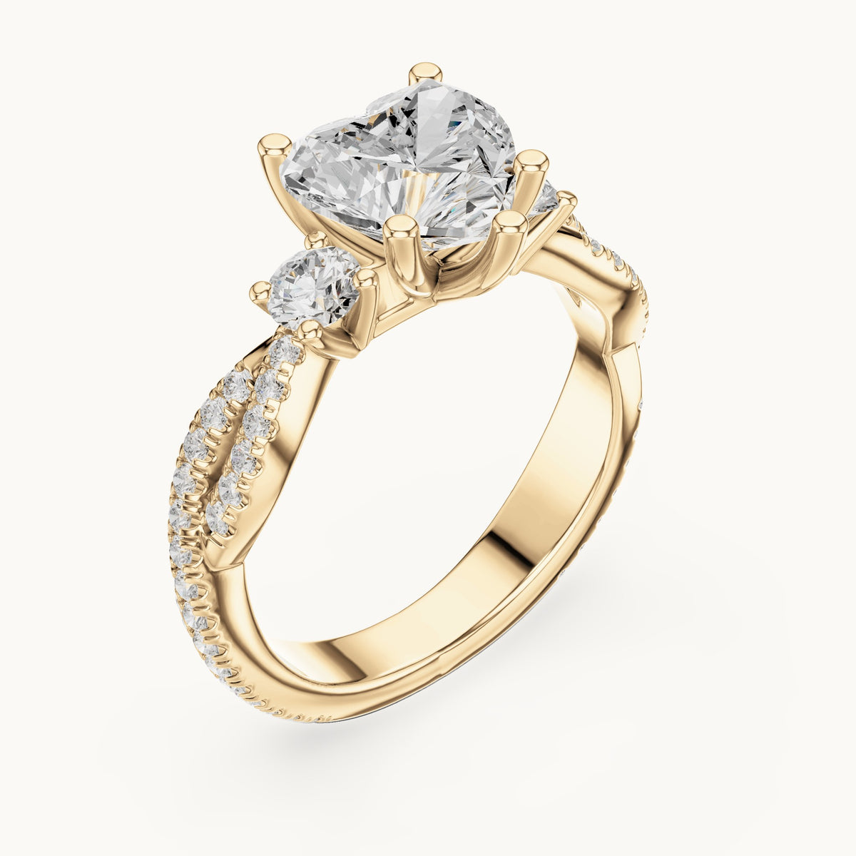 Heart and round lab-grown diamond twisted pavé engagement ring with side stones in yellow gold, 2.578 CT TW, view 2