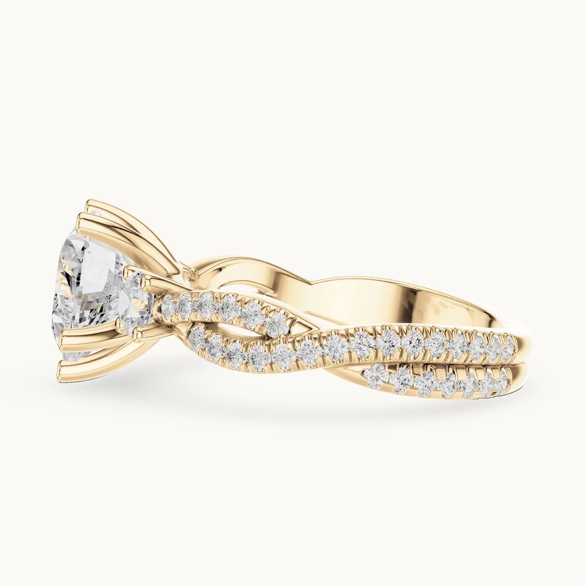 Heart and round lab-grown diamond twisted pavé engagement ring with side stones in yellow gold, 2.578 CT TW, view 3