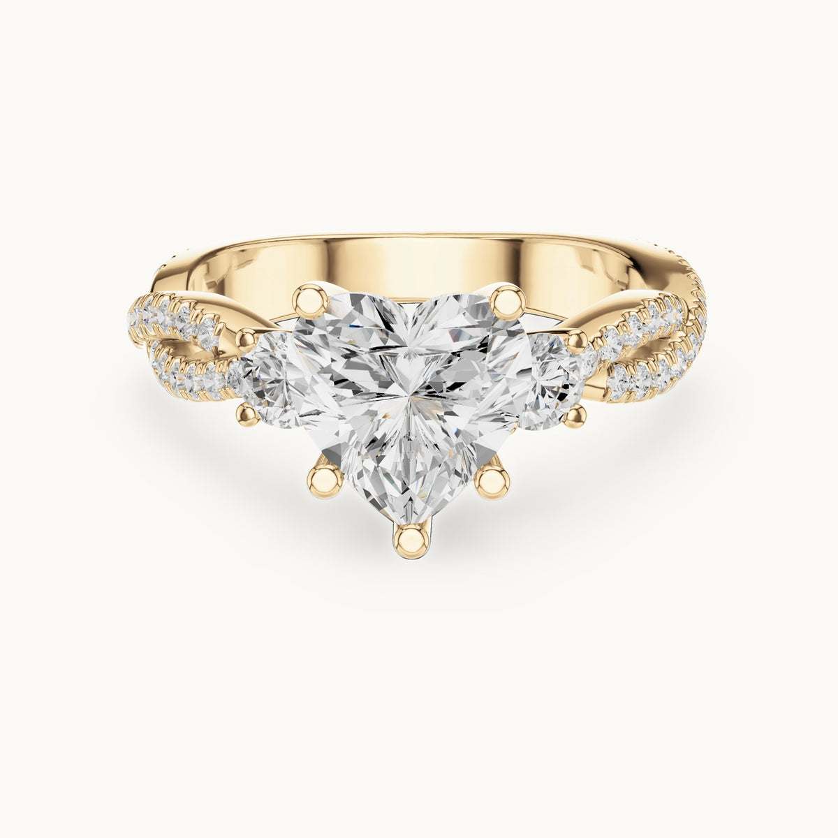 Heart and round lab-grown diamond twisted pavé engagement ring with side stones in yellow gold, 2.578 CT TW, view 4