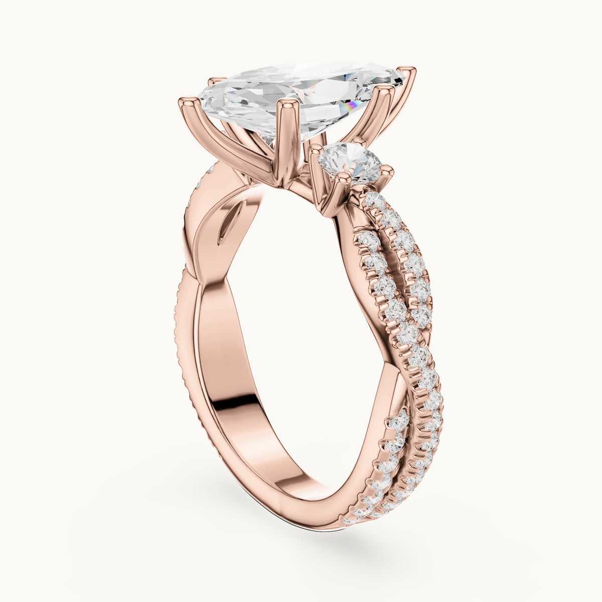 Marquise and round lab-grown diamond twisted pavé engagement ring with side stones in rose gold, 2.828 CT TW, view 1