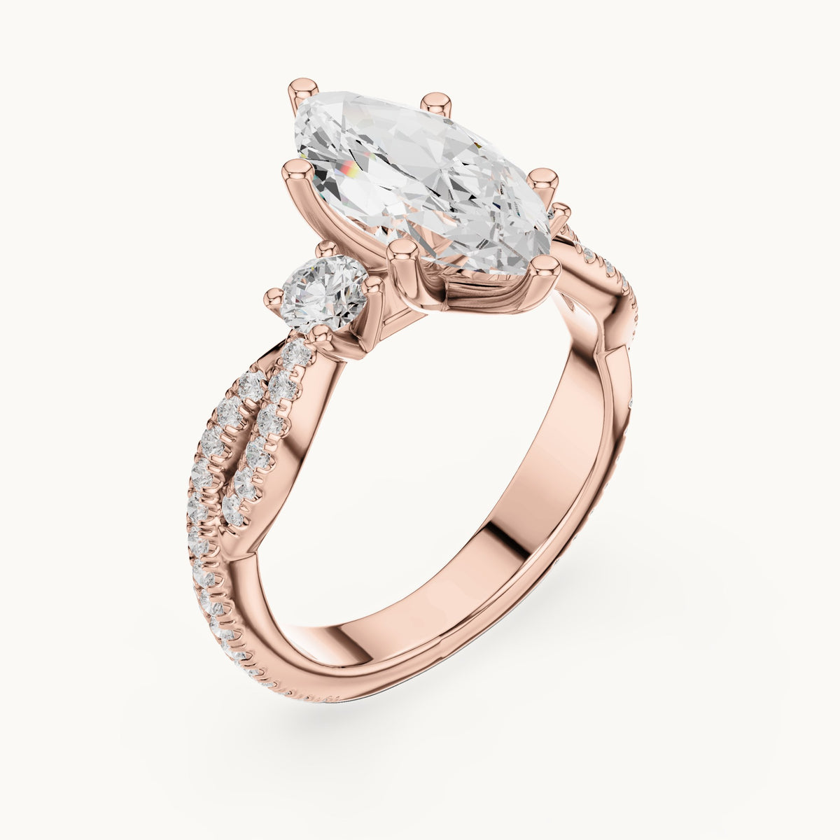 Marquise and round lab-grown diamond twisted pavé engagement ring with side stones in rose gold, 2.828 CT TW, view 2