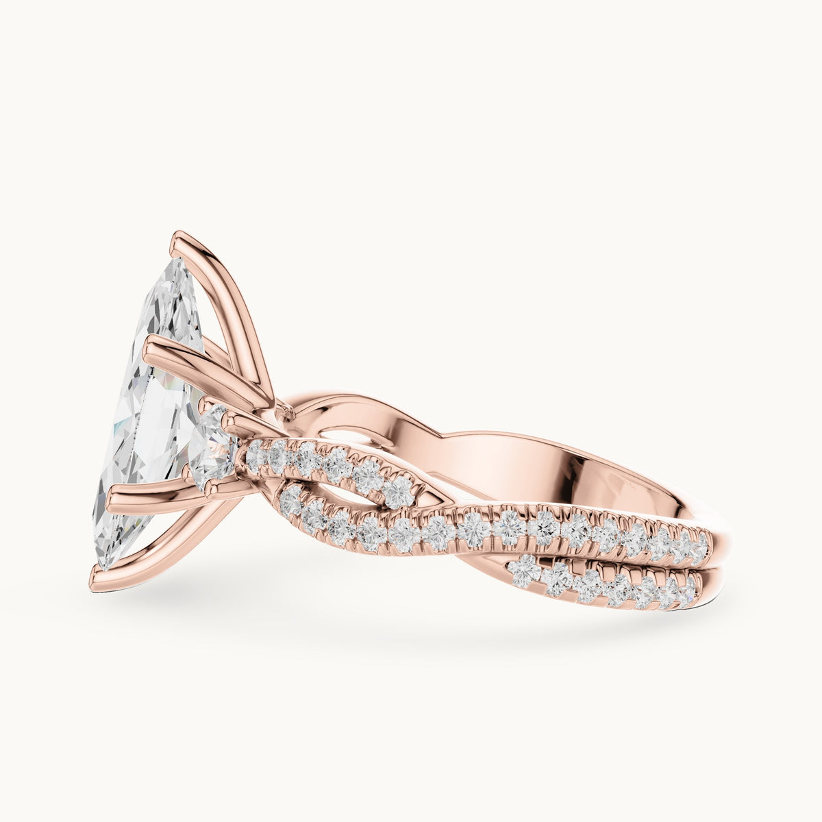 Marquise and round lab-grown diamond twisted pavé engagement ring with side stones in rose gold, 2.828 CT TW, view 3