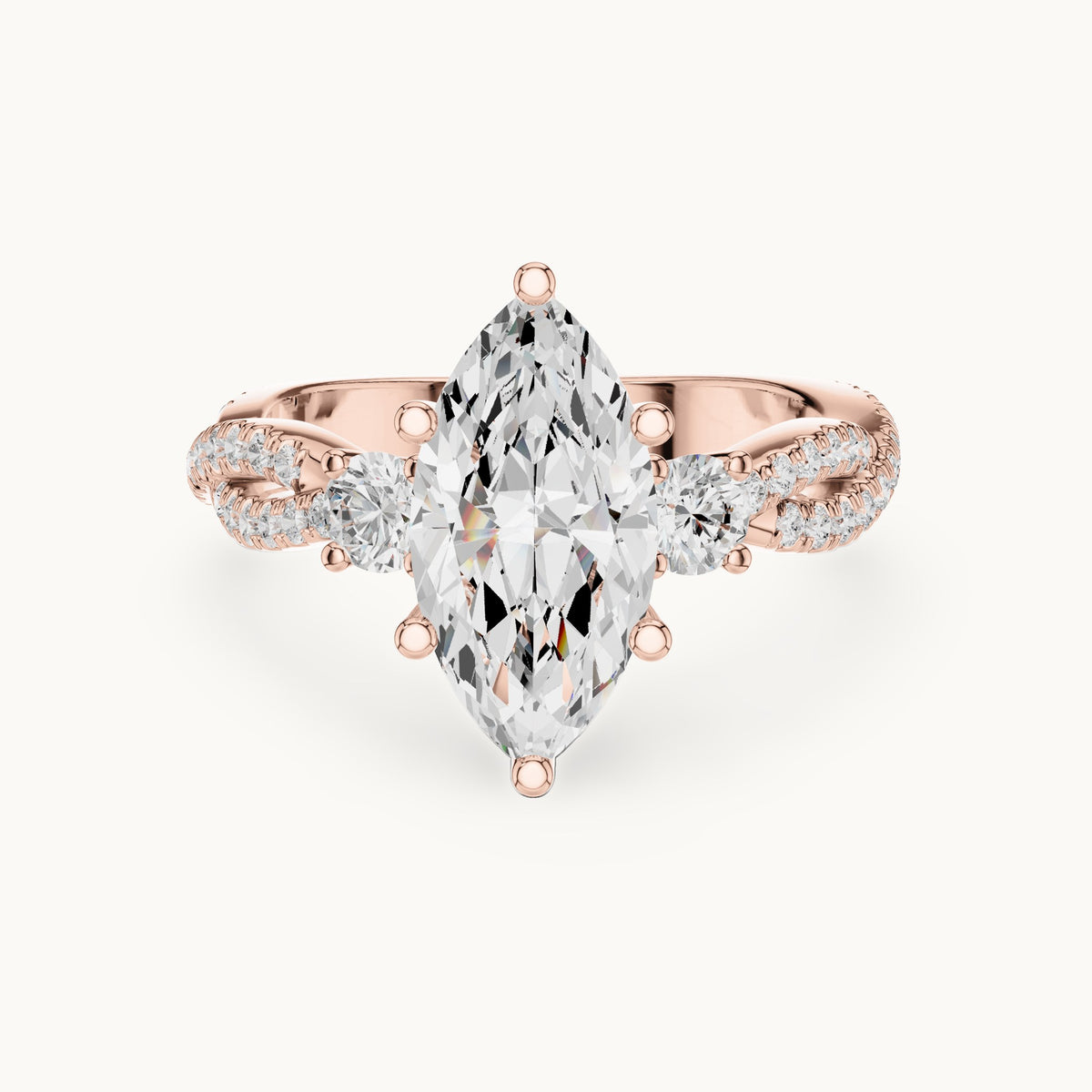 Marquise and round lab-grown diamond twisted pavé engagement ring with side stones in rose gold, 2.828 CT TW, view 4