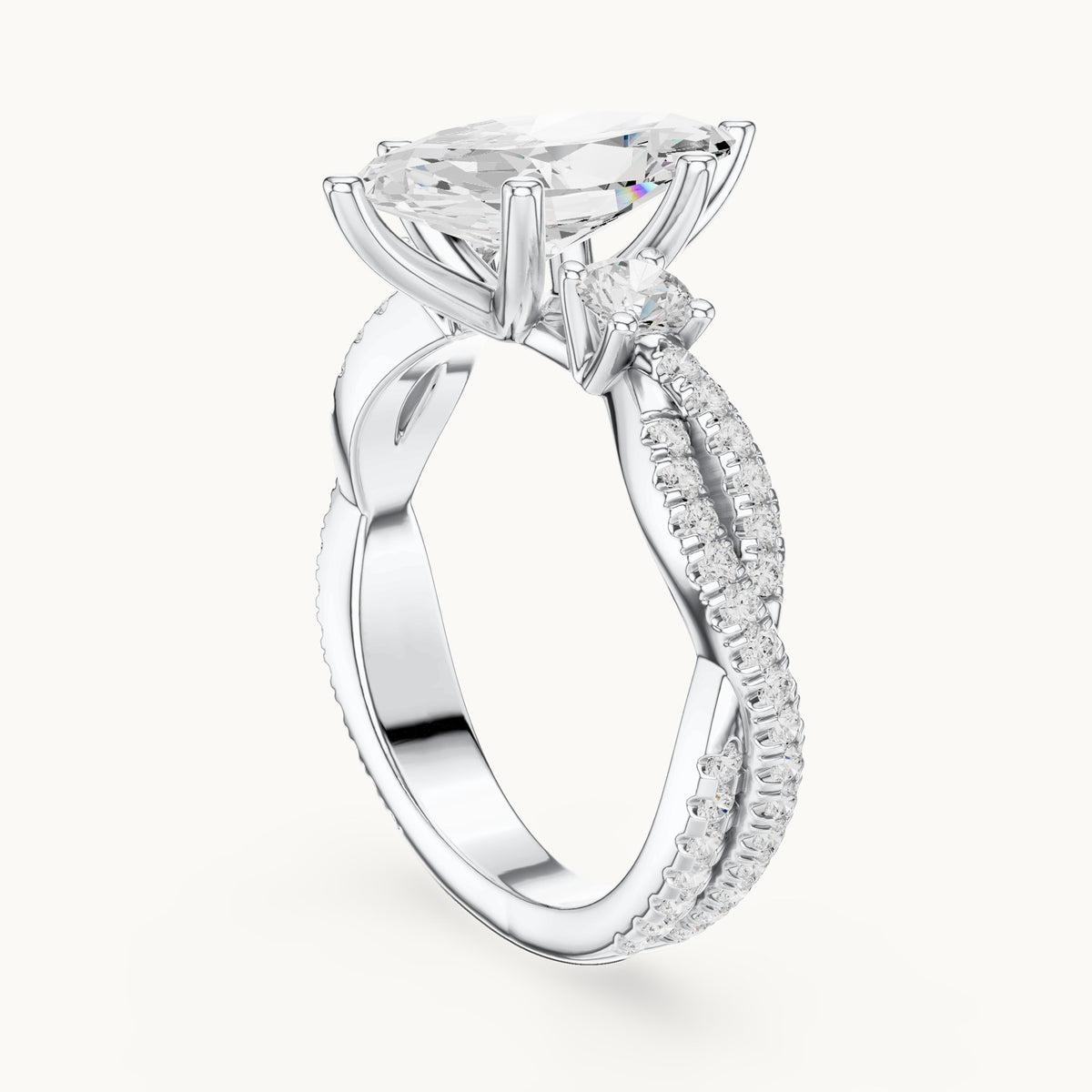 Marquise and round lab-grown diamond twisted pavé engagement ring with side stones in white gold, 2.828 CT TW, view 1