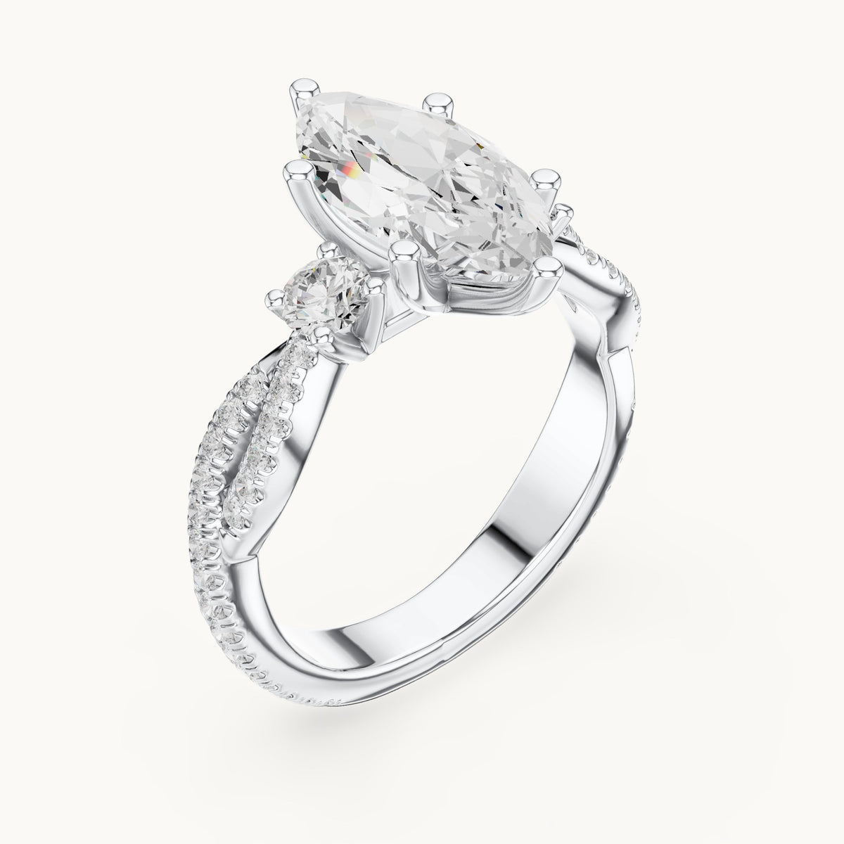 Marquise and round lab-grown diamond twisted pavé engagement ring with side stones in white gold, 2.828 CT TW, view 2