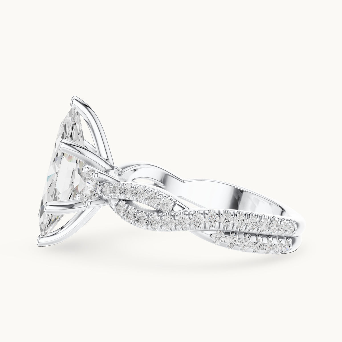 Marquise and round lab-grown diamond twisted pavé engagement ring with side stones in white gold, 2.828 CT TW, view 3