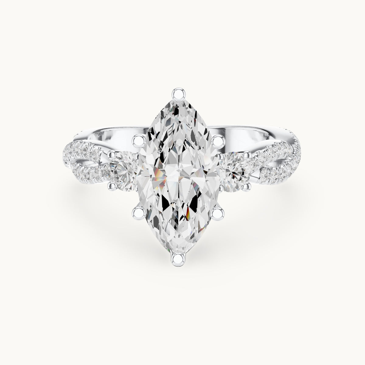 Marquise and round lab-grown diamond twisted pavé engagement ring with side stones in white gold, 2.828 CT TW, view 4