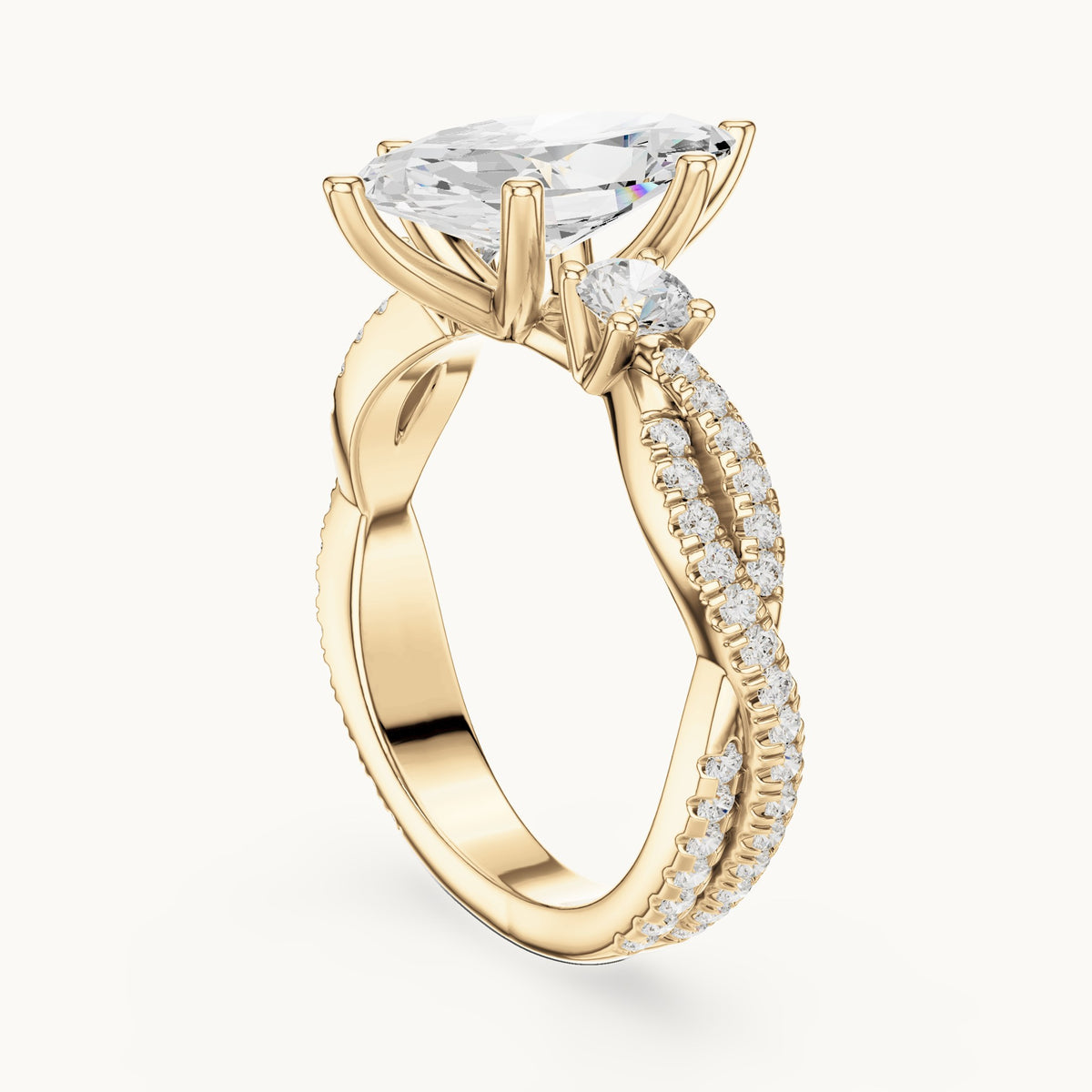 Marquise and round lab-grown diamond twisted pavé engagement ring with side stones in yellow gold, 2.828 CT TW, view 1