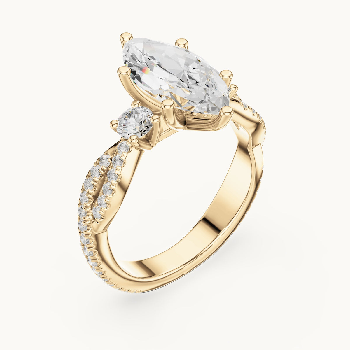 Marquise and round lab-grown diamond twisted pavé engagement ring with side stones in yellow gold, 2.828 CT TW, view 2
