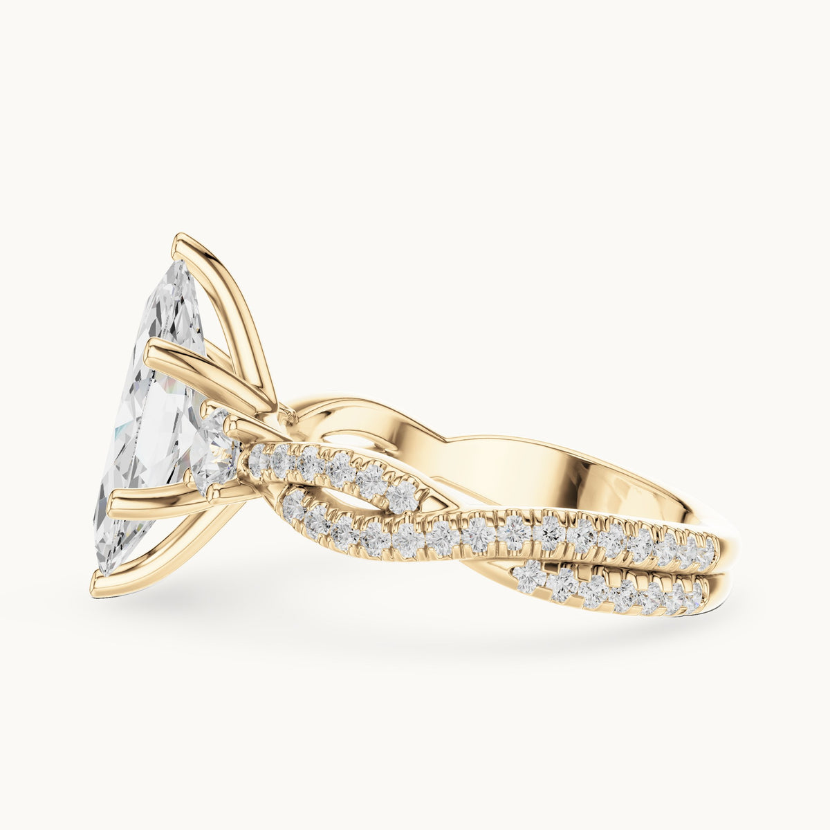 Marquise and round lab-grown diamond twisted pavé engagement ring with side stones in yellow gold, 2.828 CT TW, view 3